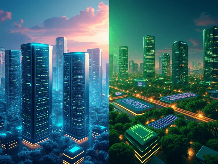 An illustration showing a futuristic city divided into two parts: one with data centers representing high energy consumption, and the other with renewable energy solutions symbolizing sustainable AI.