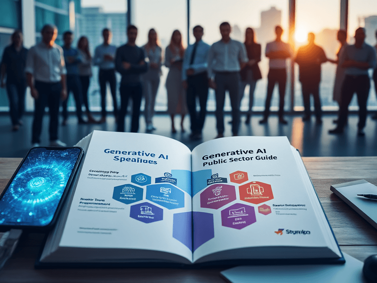 Illustration of the 'Generative AI Public Sector Guide' showcasing multiple sectors like cybersecurity and disaster response, highlighting collaboration across diverse groups.