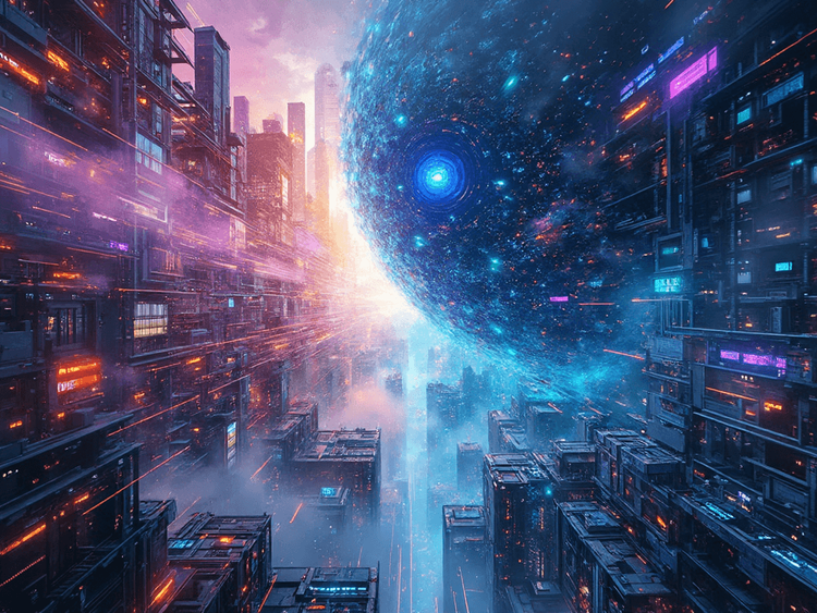 Illustration of a futuristic city representing the conflict and collaboration between AI advancements, featuring networks and structures influenced by both Chinese and Western technologies.